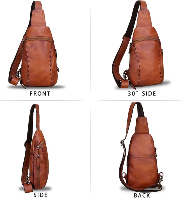 LRTO Genuine Leather Silng Bag for Women and Men Vintage Real Leather Sling Backpack Shoulder Crossbody Bag Chest Purse