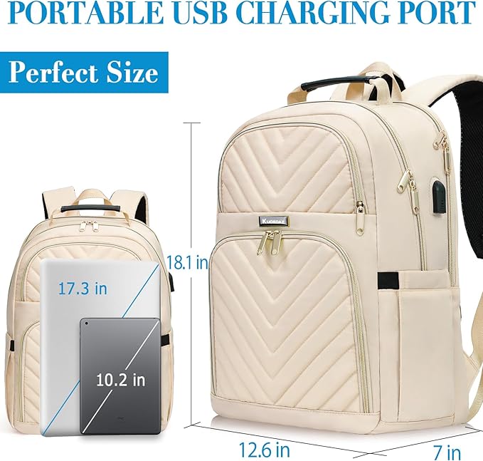 Laptop Backpack for Women, Large School Backpacks for Girls,17.3 Inch Fashion Quilted College Bookbags with USB Charger, Beige Womens Travel Backpack