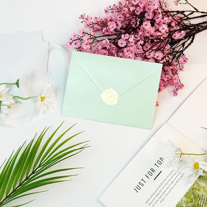 YINUOYOUJIA 50 PCS Pearl Mint Green Envelopes A7,5 x 7 Mint Green Shimmer Envelopes for Invitation,Perfect for Wedding Invitation Cards,Birthday RSVP Invite,5.25 x 7.25 inches