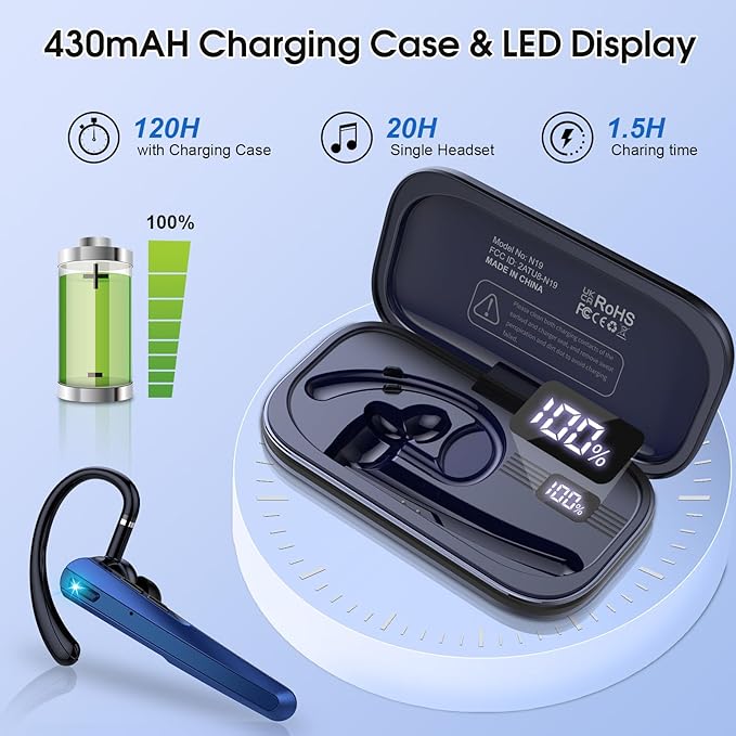 Bluetooth Headset V5.3, Wireless Earpiece with Dual ENC Noise Canceling Mic, 120H Hand-Free Talk Single-Ear Bluetooth Earpiece with LED Display, IP7 Waterproof Headphones for Trucker, Dark Blue
