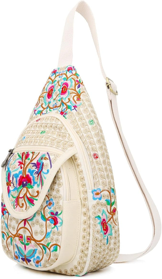 SILKAREA Vintage Floral Small Sling Bag for Women's Chest Purse Handbag Shoulder Bag Travel Embroidered Backpack Purse (Beige Red)