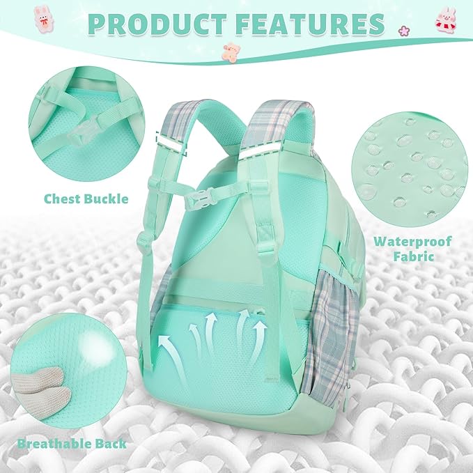 Backpack for Girls, 3PCS Kids Girls Backpacks with Lunch Bag Pencil Case for School, Cute Bookbag Teens Backpack for Kindergarten Preschool Elementary Middle School, Green