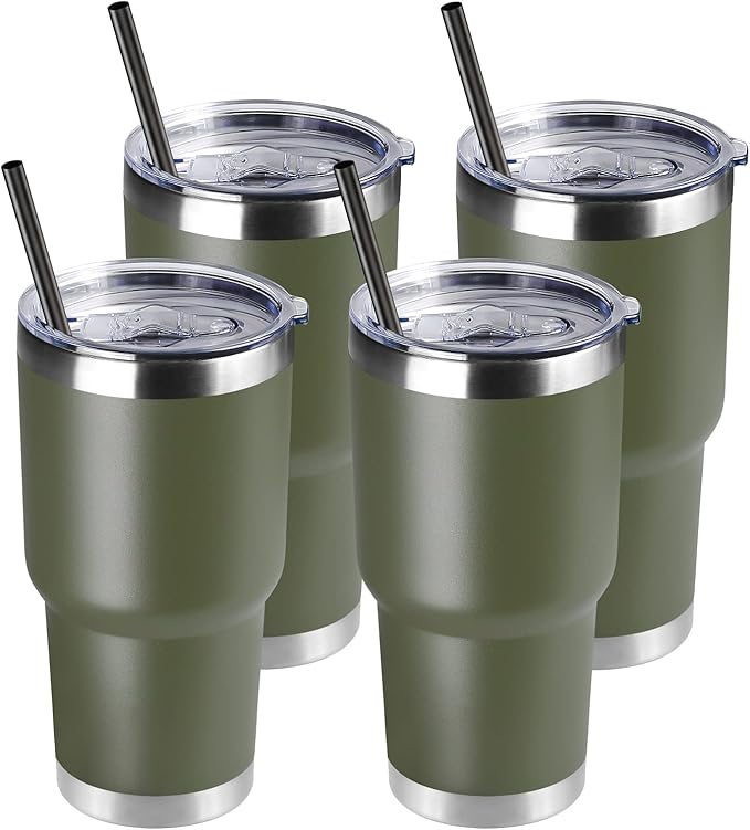 DOMICARE 30 oz Tumbler with Lid and Straw, Stainless Steel Tumblers Bulk, Insulated Vacuum Double Wall Travel Coffee Mug, Durable Powder Coated Tumbler Cups (Army Green, 4)