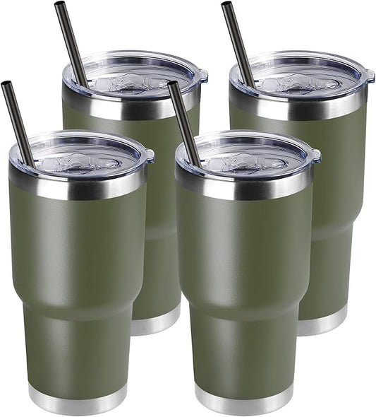 DOMICARE 30 oz Tumbler with Lid and Straw, Stainless Steel Tumblers Bulk, Insulated Vacuum Double Wall Travel Coffee Mug, Durable Powder Coated Tumbler Cups (Army Green, 4)