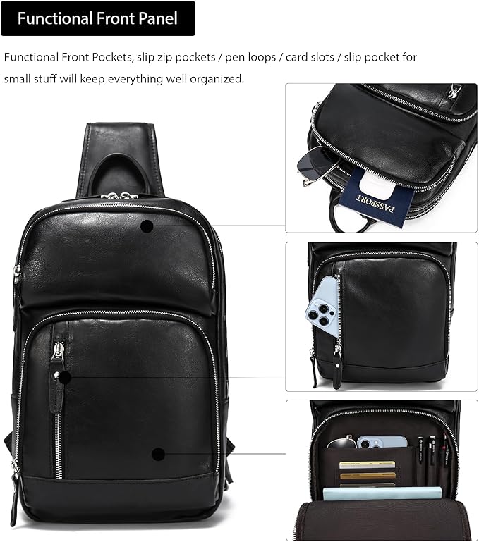 LANNSYNE Full Grain Leather Sling Bag For Men, Crossbody Bag fits 12.9" iPad Crossbody Chest Daypack