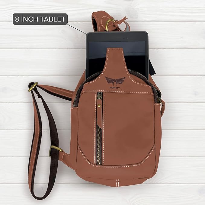 Leather Cross-body Sling Bag Casual Daypack Backpack Chest Shoulder Multi-Purpose Timeless Design Small Men (Light Brown)