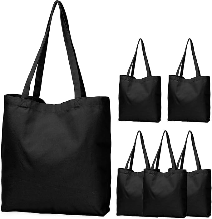 Koolmox Tote Bag Black, 13.5x13.5x3.5'' 6-Pack Canvas Tote Bags with Wide Bottom & Reinforced Handles, 12Oz Heavy Cotton Canvas Blank Tote Bag for Painting Art Craft, Men Women Shopping, Book Bag