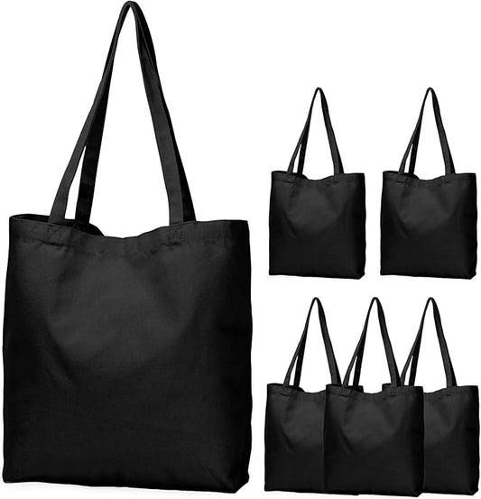 Koolmox Tote Bag Black, 13.5x13.5x3.5'' 6-Pack Canvas Tote Bags with Wide Bottom & Reinforced Handles, 12Oz Heavy Cotton Canvas Blank Tote Bag for Painting Art Craft, Men Women Shopping, Book Bag