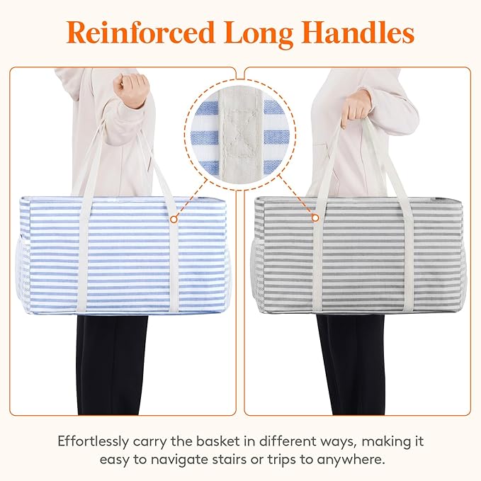 Lifewit Extra Large Tote Bag, Reusable Grocery Bags with Metal Wire Frame and Handles, Standing Utility Foldable Shopping Bags for Storage, Picnics, Beach, Pool, Laundry, Car 2 Packs 46L Gray and Blue