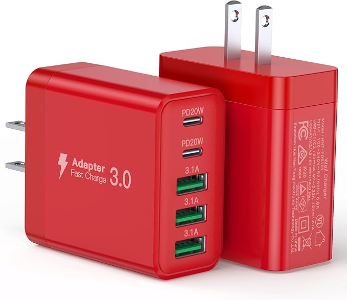 [2-Pack] USB C Wall Charger, 50W Fast USB C Charger Block, 5-Port PD Power Adapter + QC Wall Plug Multiport Type C Charging Block Cube Compatible with iPhone 16 15 14 13 12 11 Pro Max XR XS, Red