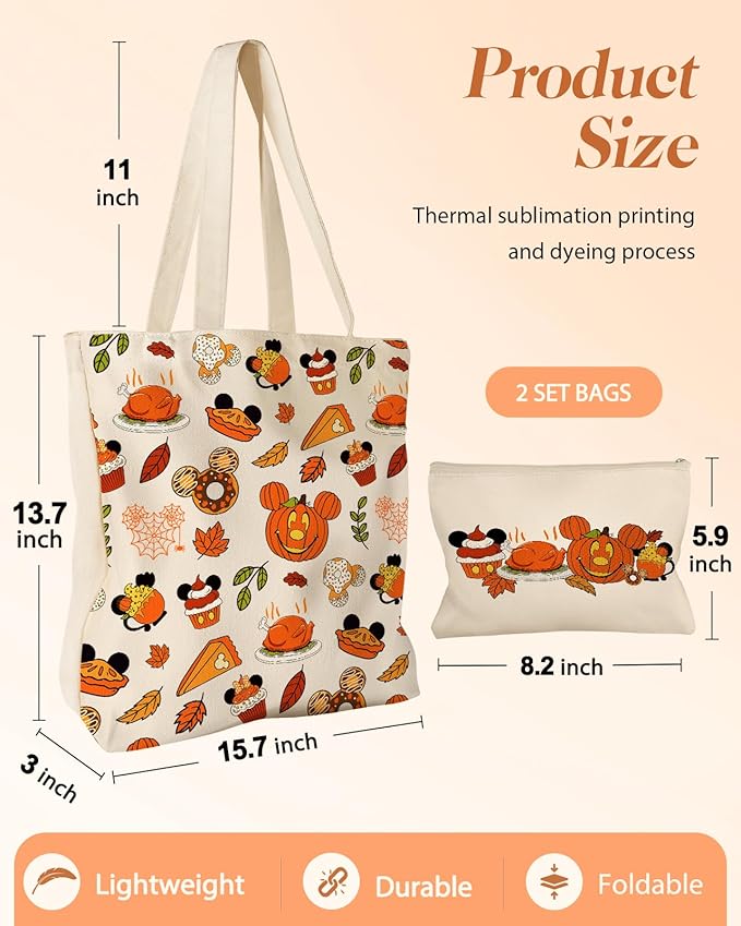 2 Pack Canvas Tote Bag - with Makeup Pouch Aesthetic Cute Women Reusable Canvas Bag for Shopping, Work, Travel