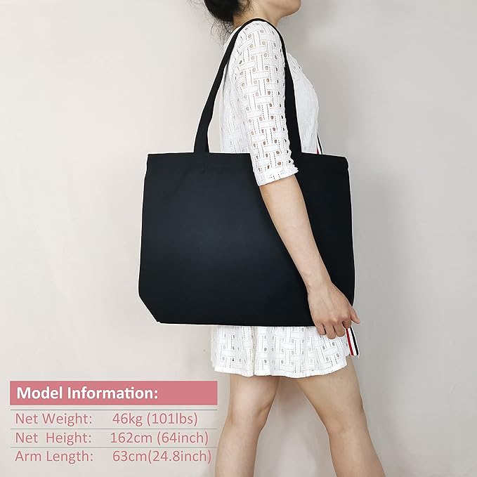 Koolmox Black Canvas Tote Bag with Zipper, 6-Pack 17x14x3.9'' 12Oz Thick Canvas Bag with Handles and Flat Bottom, Women Men Grocery Shopping Bags Cotton Totes Sublimation Totes to Customize