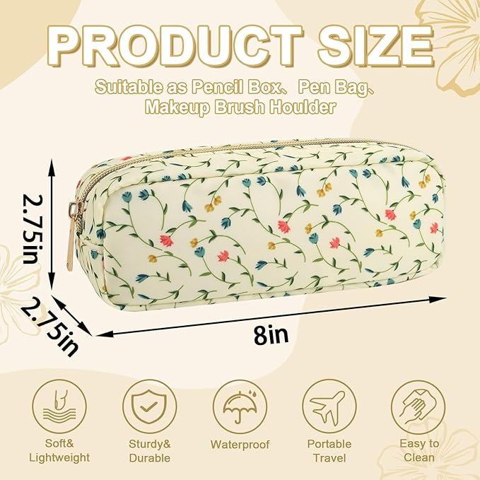 Waterproof Small Floral Pencil Case Makeup Bag for Purse,Cute Flower Pencil Pouch Preppy Nylon Makeup Brush Holder with Zipper,Girls Portable Storage Case Pen Bag for Work(Slim Light Yellow-Flowers)