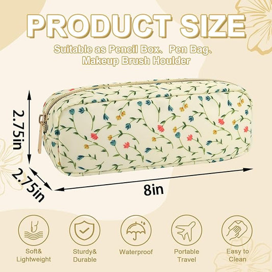 Waterproof Small Floral Pencil Case Makeup Bag for Purse,Cute Flower Pencil Pouch Preppy Nylon Makeup Brush Holder with Zipper,Girls Portable Storage Case Pen Bag for Work(Slim Light Yellow-Flowers)