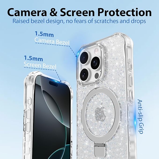 Magnetic for iPhone 16 Pro Case with Invisible Stand, Compatible with MagSafe, Clear Bling Sparkle Shockproof Slim Anti-Slip Military Drop Protection Hard Phone Case 6.1" Glitter Silver