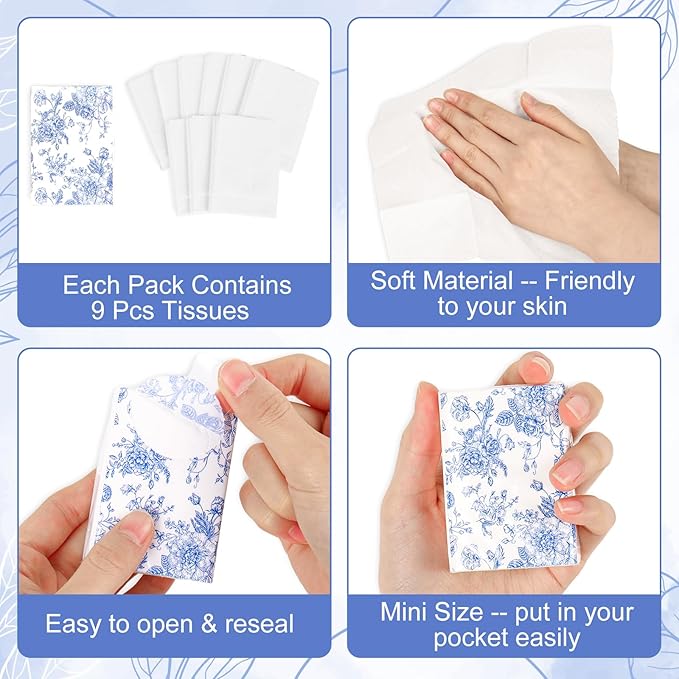 50 Bulk Blue Floral Tissue Packs Vintage Flower Mini Travel Size Facial Tissues Chinoiserie Flower Portable Pocket Tissue for Wedding Party Supplies