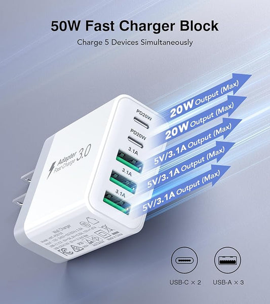 [2-Pack] USB C Wall Charger, 50W Fast USB C Charger Block, 5-Port PD Power Adapter + QC Wall Plug Multiport Type C Charging Block Cube Compatible with iPhone 16 15 14 13 12 11 Pro Max XR XS, Tablets