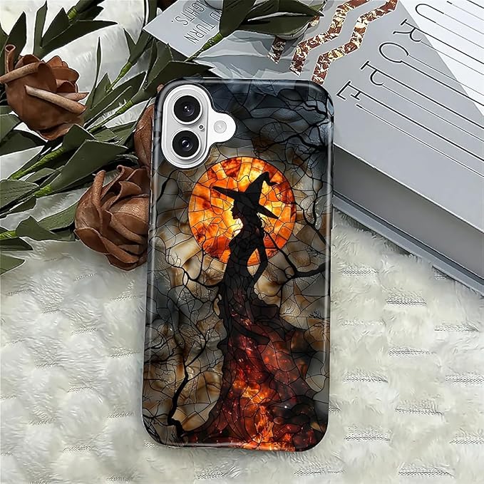 Case for iPhone 16 Case,Halloween Witch Moon Stained Glass Design - Hybrid Dual Protection Silicone + Hard PC Shockproof Full Body Cover Slim Anti-Scratch Protective Case for Men Women