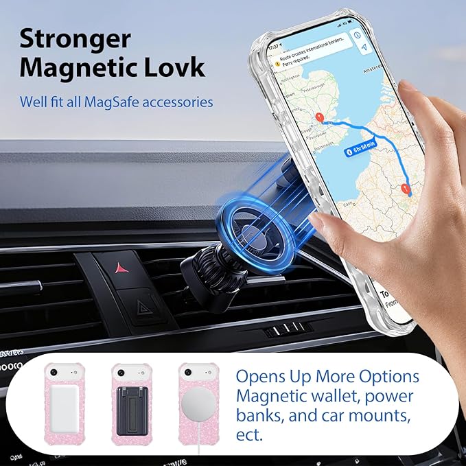 Magnetic for iPhone Air Case with Invisible Stand, Compatible with MagSafe, Clear Bling Sparkle Shockproof Slim Anti-Slip Military Drop Protection Hard Phone Case 6.5" Glitter Pink