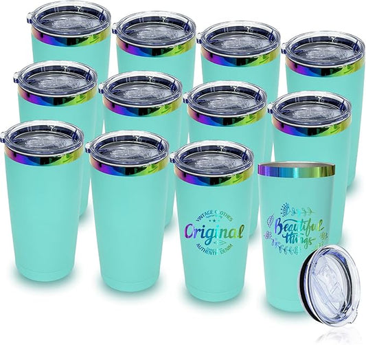 20 oz Stainless Steel Tumbler with Lid and Straw Double Wall Vacuum Insulated Coffee Mug Powder Coated Cup for Hot and Cold Drinks (Mint Green,12 pack)