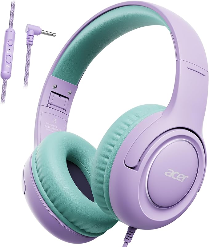 Kids Headphones with Cord for School - Over-Ear 85/94dB Volume Limiter, 3.5mm Jack Foldable Stereo Sound Headset for Toddlers Girls Boy Travel Learning Entertainment Tablet Kindle iPad PC Purple Green