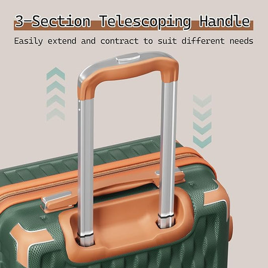 Melalenia Luggage Set 4 Piece Carry On, Hardside Suitcase with TSA Lock and Spinner Wheels, Carry-On Ailline Approved, Green Brown