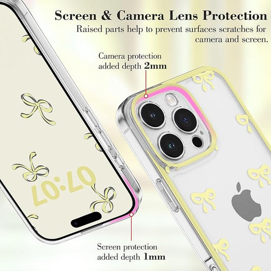 EYZUTAK Case for iPhone 16 Pro, Clear Cute Ribbon Bowknot Pattern Aesthetic Transparent Phone Case Raised Camera Protection Stylish Slim Soft Durable TPU Protective Cover for Women Girls - Yellow