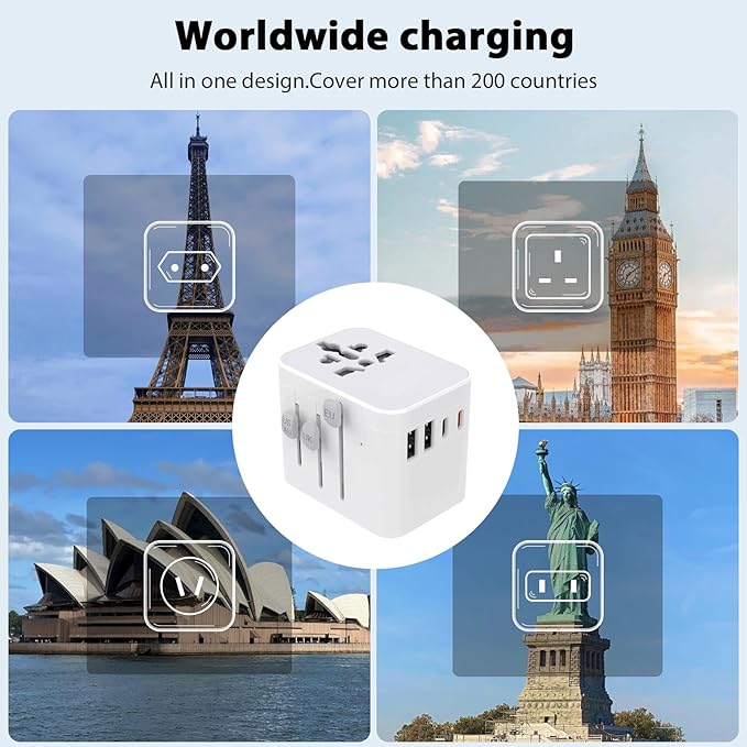 Worldwide Travel Adapter, 5 in 1 Plug Fast Charging Universal Power Adapter with 4 USB Ports (2X Type C and 2X Type A), Universal All in One Wall Charger for US EU UK AU, Fuse Protection - White
