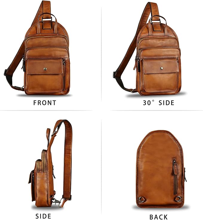 Genuine Leather Sling Bag for Men and Women Vintage Real Leather Fashion Sling Backpack Shoulder Crossbody Chest Purse