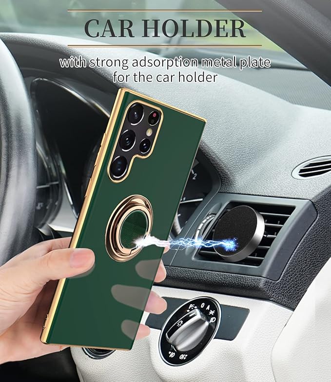 Tnarru Compatible for Samsung Galaxy S22 Ultra Case with Ring Holder Kickstand [with Magnetic] Soft TPU Shockproof Electroplated Protective Phone Case for Galaxy S22 Ultra 5G Green