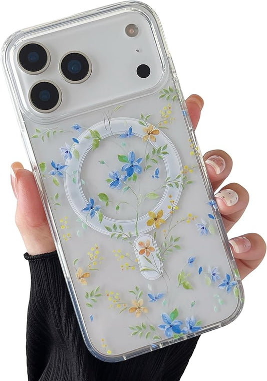 ZTOFERA for iPhone 17 Pro Magnetic Case Compatible with Magsafe,Aesthetic Floral Pattern Design Cute for Girl Women,Anti-Drop Protective Hard Phone Cover for iPhone 17 Pro-Blue Flower