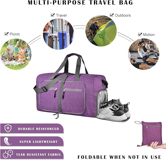 Dimayar 85L Travel Duffle Bag for Men Women - Foldable Duffel Bag with Shoes Compartment - Overnight Bags Waterproof & Tear Resistant(Purple)