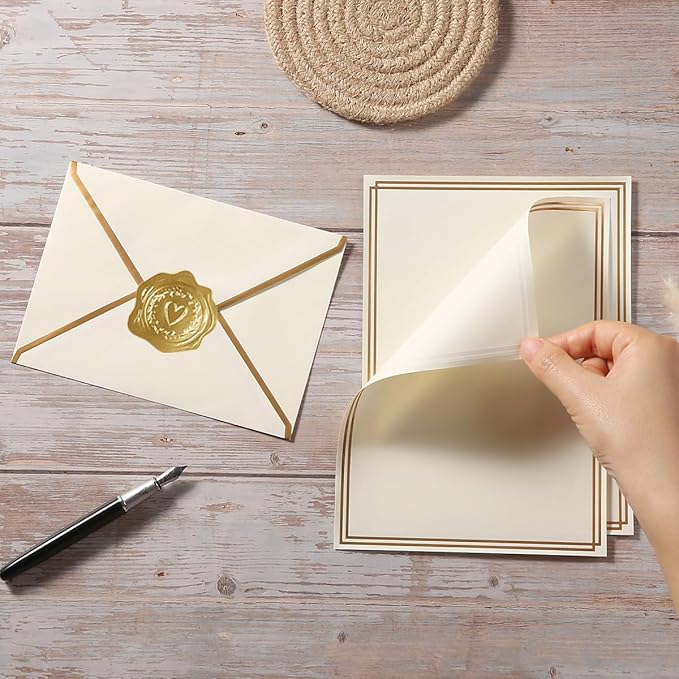 50 Pack Stationery Set with Gold Border, A6 Envelopes and 6x8 Paper Sheets and Stickers for Writing Letters (Cream Color, 6x8 Inches)