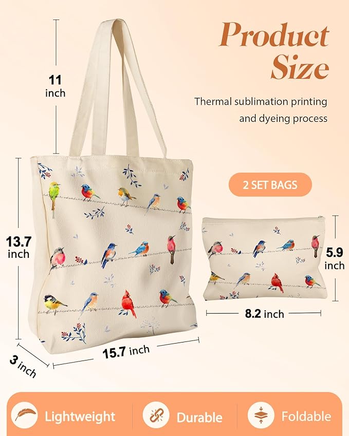 2 Pack Canvas Tote Bag - with Makeup Pouch Aesthetic Cute Women Reusable Canvas Bag for Shopping, Work, Travel