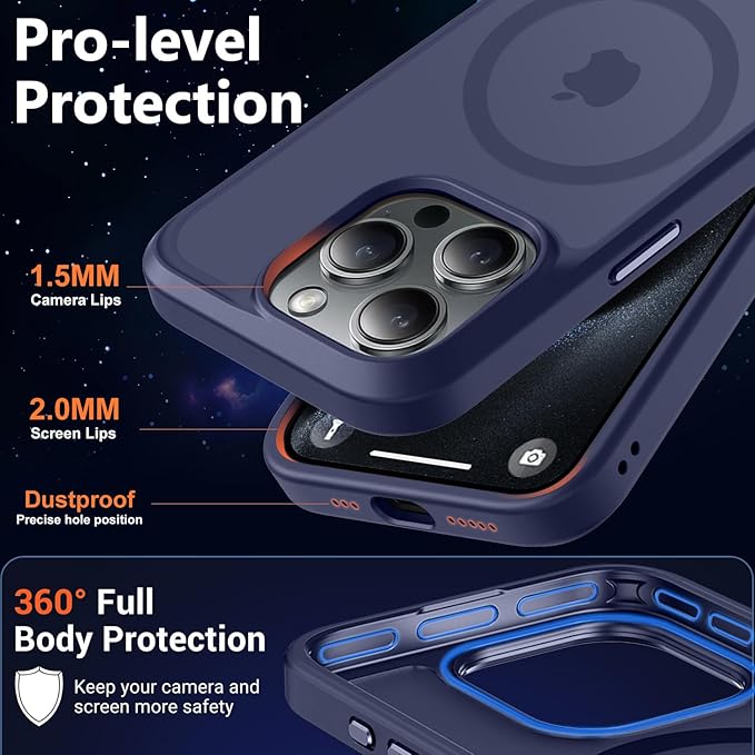 MOCCA Strong Magnetic for iPhone 15 Pro Case, [Compatible with Magsafe][13FT Military Drop Protection] Slim Translucent Matte Shockproof Case for iPhone 15 Pro Phone Case 6.1'', Deep Blue