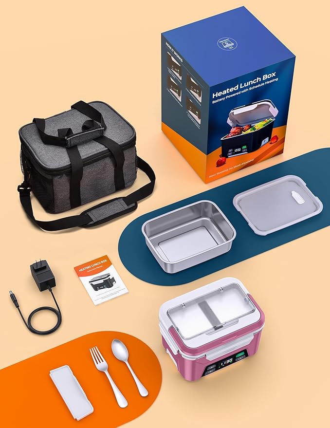 EAST OAK Cordless Electric Lunch Box for Adults, Heated Lunch Box Battery Powered with Automatic Heating, 5.5 Cups Portable Food Warmer with Removable Tray Divider