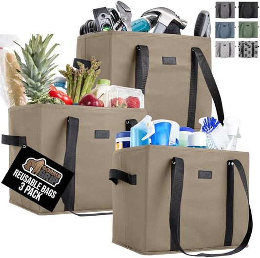 GORILLA GRIP Heavy Duty Foldable Reusable Grocery Bags, 3 Pack, Tear Resistant Box Shape Shopping Tote with Reinforced Handles, Grip Feet, Easily Carry and Transport Groceries, 13x10x11, Beige Black