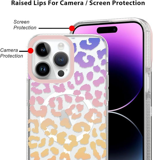 SAKUULO Magnetic for iPhone 14 Pro Max Case Colourful Leopard Print Pattern [Compatible with MagSafe] [with Screen Protector] Wireless Charge Strengthen Protection Cover, Colourful Leopard (6.7")