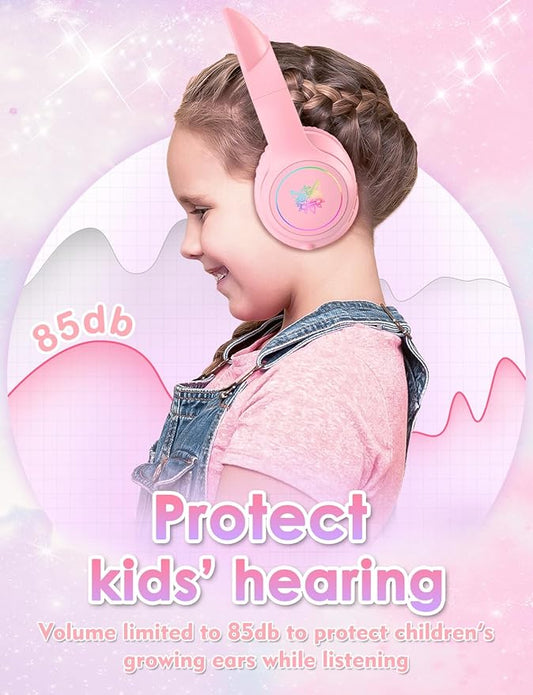 Bluetooth Kids Headphones with Microphone, Cat Ear LED Light Up and 85dB Volume Limiting Toddlers Study Headphones, Wireless Foldable HI-FI sound Over-Ear School Headphones for iPhone/iPad/Laptop/PC