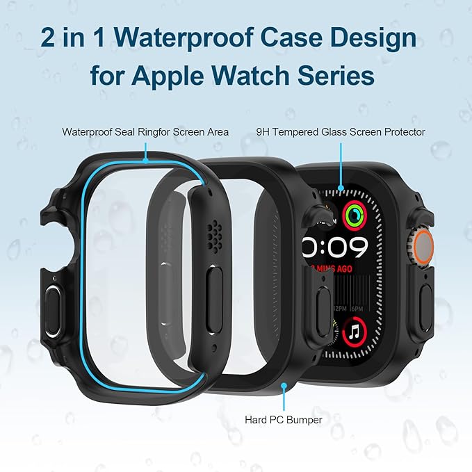 2 in 1 Waterproof Case for Apple Watch Screen Protector Ultra 1/2 Ultra 3(2025) 49mm with Tempered Glass [Overal Protective] Ultra-Thin PC Bumper Cover Compatible iWatch Accessories