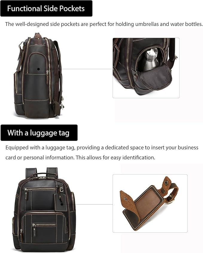 LANNSYNE Vintage Genuine Leather Backpack for men, 15.6" Laptop Backpack Travel Camping 24L Rucksack