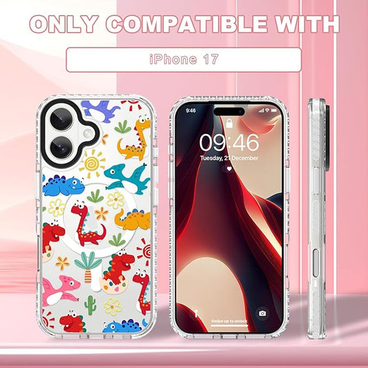 ZIYE Clear Case for iPhone 17 Compatible with Magsafe, Funny Dinosaur Design Shockproof Soft TPU Bumper Hard PC Protective for Women Girls Magnetic Cover