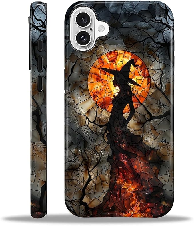 Case for iPhone 16 Plus Case,Halloween Witch Moon Stained Glass Design Hybrid Dual Protection Silicone + Hard PC Shockproof Full Body Cover Slim Anti-Scratch Protective Case for Men Women