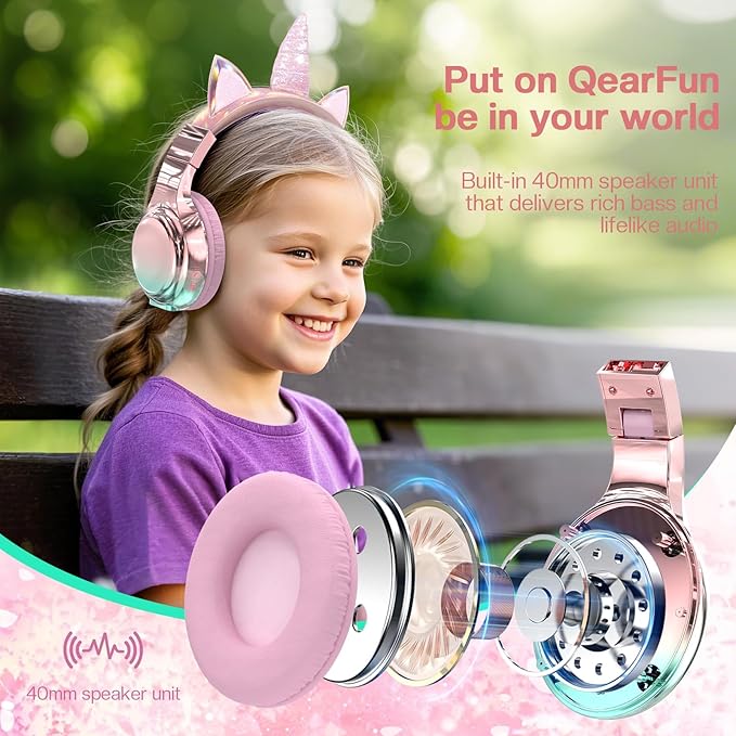 QearFun Kids Unicorn Bluetooth Headphones, 60H Playtime, 74/85/94dB Safe Volume Limit, Metallic Gradient Wireless Headset with Mic, Fast Charging, Foldable, Wired Mode for Girls School/Tablet/Travel
