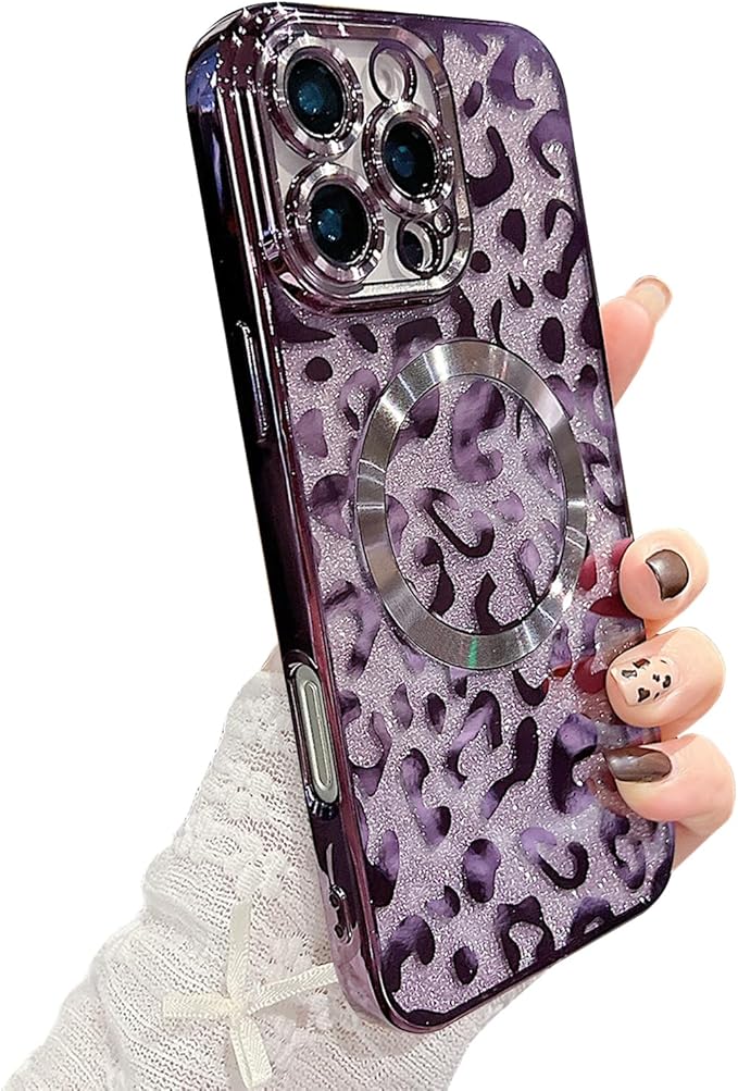 for iPhone 16 Pro Max Case Magnetic,Soft Cute Luxury Leopard Cheetah Pattern Plating Glitter Bling Phone Case Compatible with MagSafe Clear Shockproof Back Cover for Women Girl 6.9"-Purple