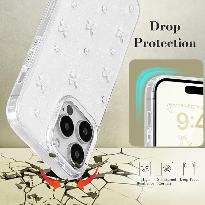 EYZUTAK Case for iPhone 14 Pro Max, Bling Glitter 3D Bowknot Phone Case Cute Sparkly Crystal Clear Bow Aesthetic Design Case Slim Soft Durable TPU Transparent Protective Cover for Women Girl-White Bow