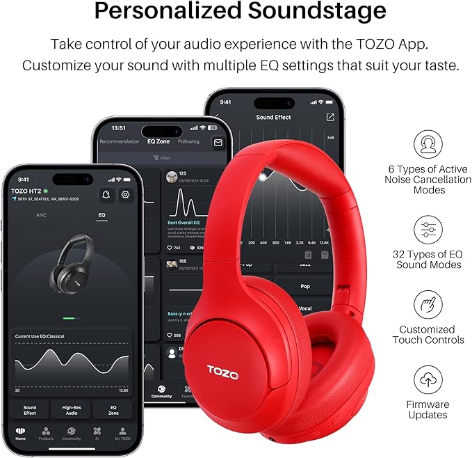 TOZO HT2 Hybrid Active Noise Cancelling Headphones, Wireless Over Ear Bluetooth Headset, 60H Playtime, Hi-Res Audio Custom EQ via App Deep Bass Comfort Fit Ear Cups, for Home Office Travel Red