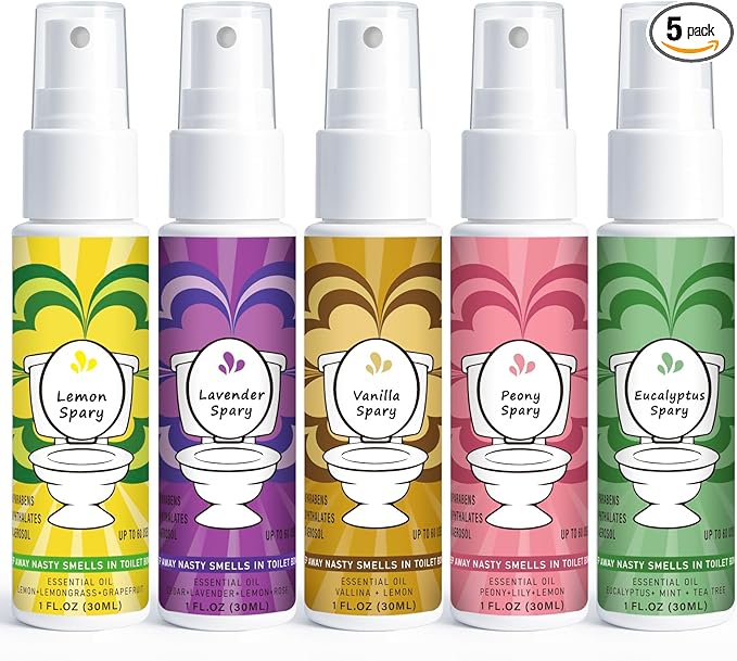 Travel Size Toilet Spray, Air Freshener Spray for Bathroom Deodorizer, Travel Essentials Variety - Lemon, Lavender, Vanilla, Peony, Eucalyptus