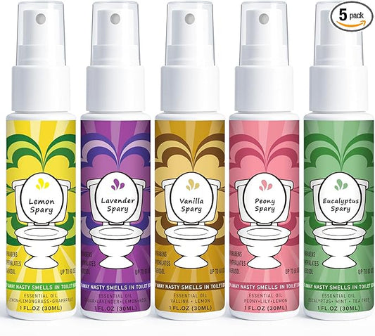 Travel Size Toilet Spray, Air Freshener Spray for Bathroom Deodorizer, Travel Essentials Variety - Lemon, Lavender, Vanilla, Peony, Eucalyptus