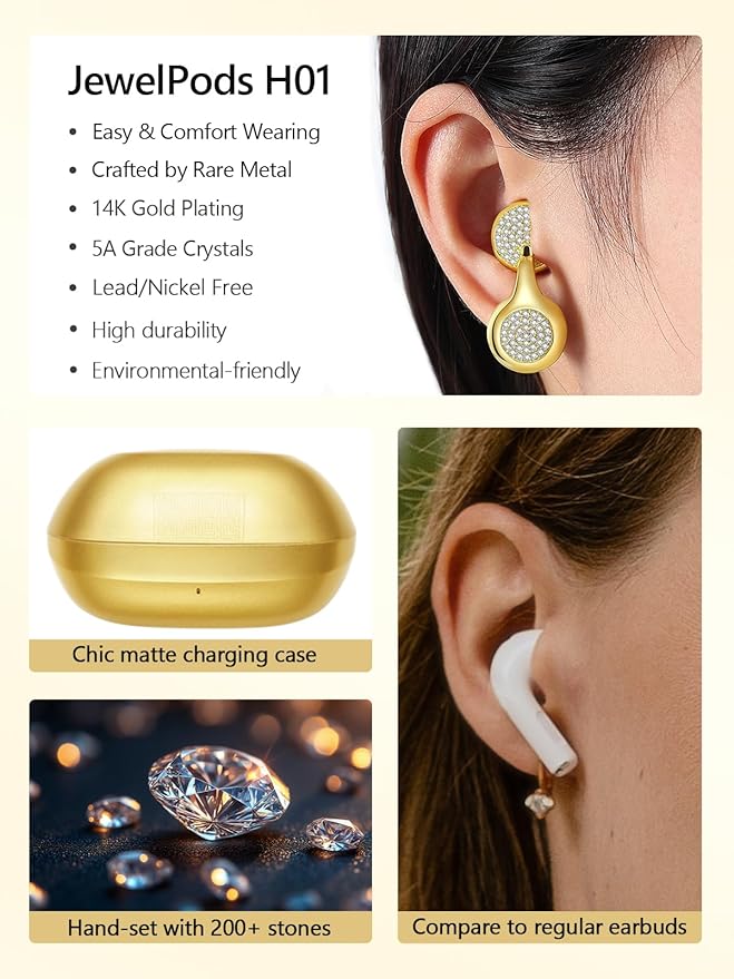 JewelPods H01 Wireless Earbuds, Pretty Bluetooth Headphones for Small Ears, Teardrop Design Metal Earbuds with Premium Sound, AI Clear Call & 72H Play, Unique Gift for Her, Yellow Gold